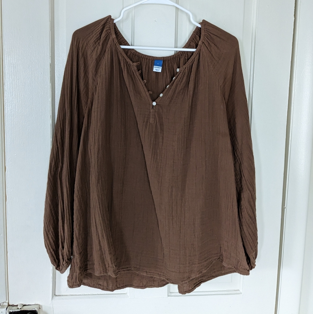 Shirred Double-Weave Long-Sleeve Blouse 